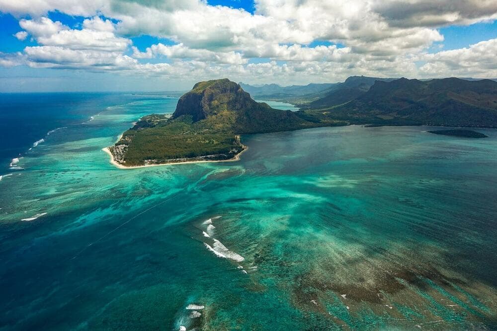 Underwater waterfall aerial view, Le Morne, Mauritius